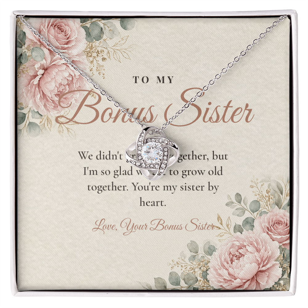 Silver Love Knot necklace for bonus sister displayed on To My Bonus Sister message card