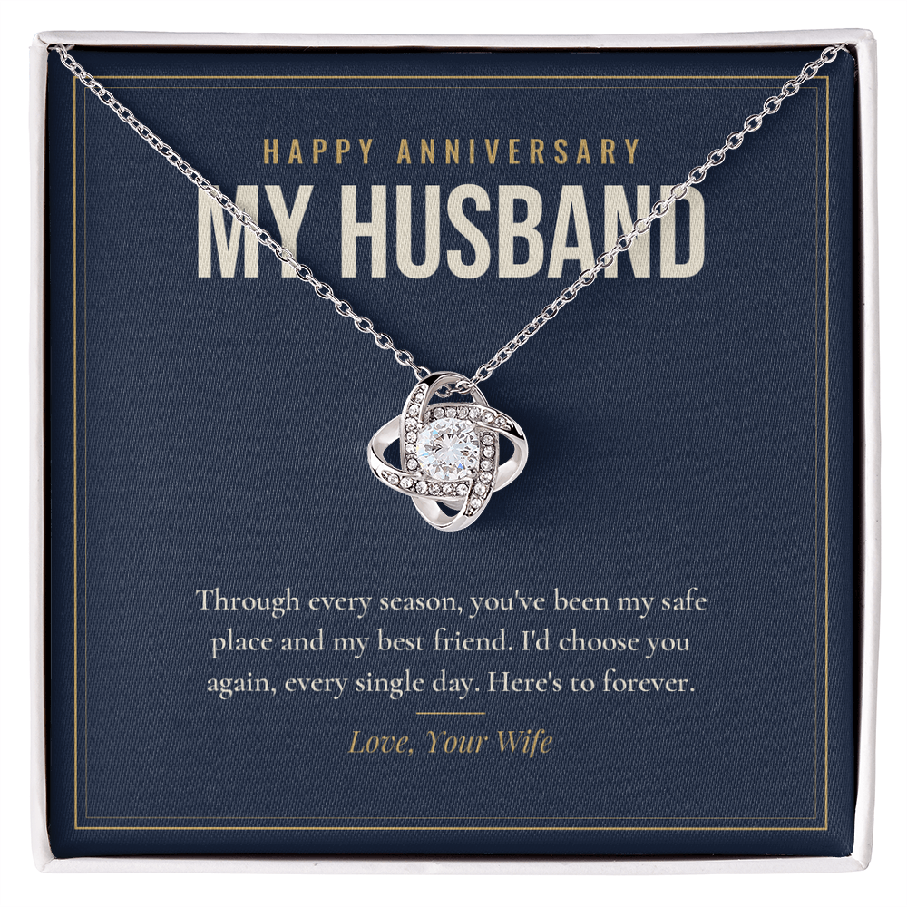 14K white gold finish Anniversary Love Knot necklace for Husband on "Happy Anniversary My Husband" message card in standard gift box