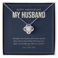 14K white gold finish Anniversary Love Knot necklace for Husband on "Happy Anniversary My Husband" message card in standard gift box