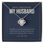 14K white gold finish Anniversary Love Knot necklace for Husband on "Happy Anniversary My Husband" message card in standard gift box