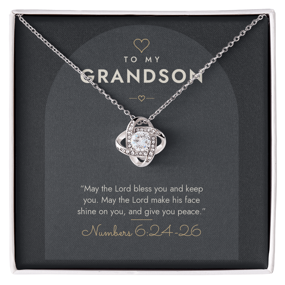 14K white gold finish Christian Love Knot necklace for Grandson on "To My Grandson" Numbers 6:24-26 modern message card in two-tone standard gift box