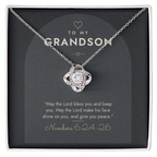14K white gold finish Christian Love Knot necklace for Grandson on "To My Grandson" Numbers 6:24-26 modern message card in two-tone standard gift box