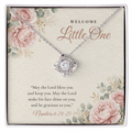 14K white gold finish Christian Love Knot necklace for Baby on "Welcome Little One" message card (Numbers 6:24-25) in standard gift box