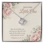 14K white gold finish Christian Love Knot necklace for Baby on "Welcome Little One" message card (Numbers 6:24-25) in standard gift box