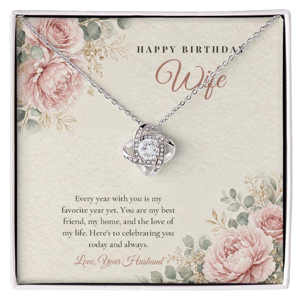 14K white gold finish Birthday Love Knot necklace for Wife on "Happy Birthday Wife" message card in standard gift box