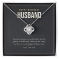 14K white gold finish Birthday Love Knot necklace for Husband on "Happy Birthday Husband" message card in standard gift box