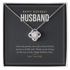 14K white gold finish Birthday Love Knot necklace for Husband on "Happy Birthday Husband" message card in standard gift box