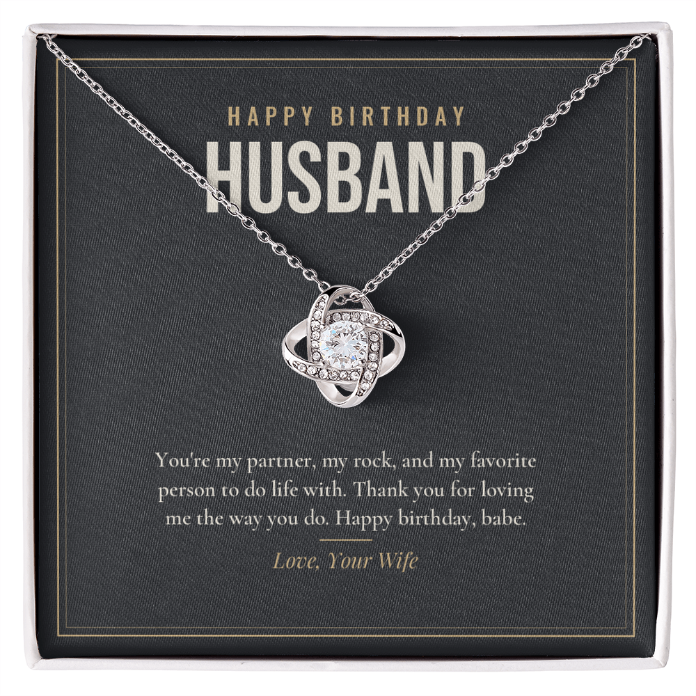 14K white gold finish Birthday Love Knot necklace for Husband on "Happy Birthday Husband" message card in standard gift box