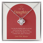 Love Knot necklace for Daughter laid on modern "The Brightest Light on Our Tree" message card