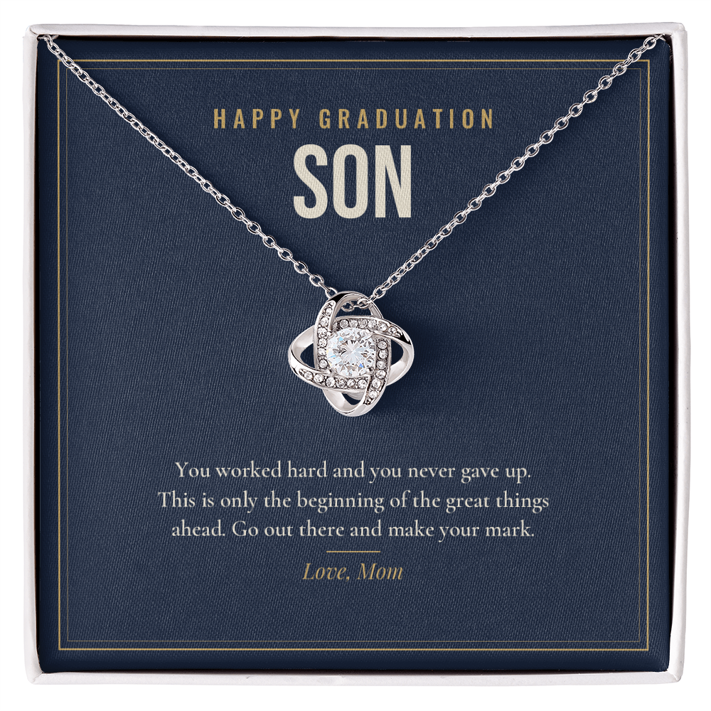 14K white gold finish Graduation Love Knot necklace for Son on "Happy Graduation Son" message card in standard gift box