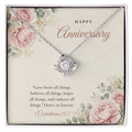14K white gold finish Christian Love Knot necklace for Anniversary on "Happy Anniversary" message card (1 Corinthians 13:7) in standard gift box