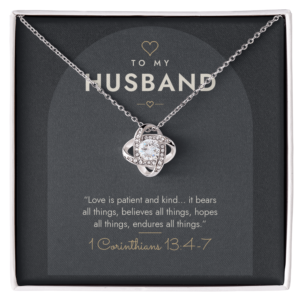 14K white gold finish Christian Love Knot necklace for Husband on "To My Husband" 1 Corinthians 13:4-7 modern message card in two-tone standard gift box
