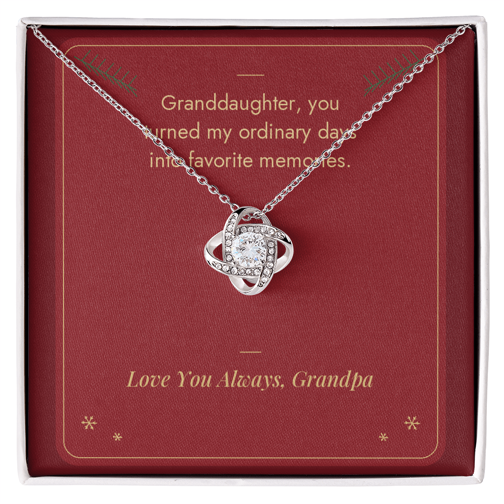 Christmas Love Knot necklace for granddaughter from Grandpa in white gold finish on Favorite Memories message card
