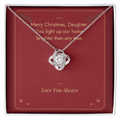 Christmas Love Knot necklace for daughter in white gold finish on Merry Christmas Daughter message card
