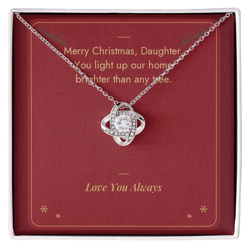 Christmas Love Knot necklace for daughter in white gold finish on Merry Christmas Daughter message card
