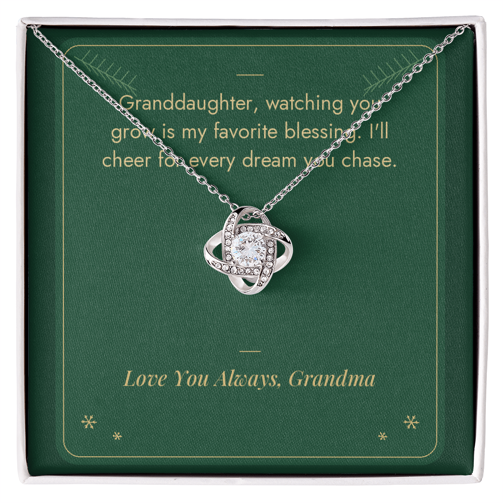 Christmas Love Knot necklace for granddaughter from Grandma in white gold finish on Favorite Blessing message card