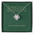 Christmas Love Knot necklace for granddaughter from Grandma in white gold finish on Favorite Blessing message card