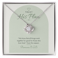 14K white gold finish Christian Love Knot necklace on "Trust His Plan" Romans 8:28 modern message card in two-tone standard gift box
