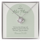 14K white gold finish Christian Love Knot necklace on "Trust His Plan" Romans 8:28 modern message card in two-tone standard gift box