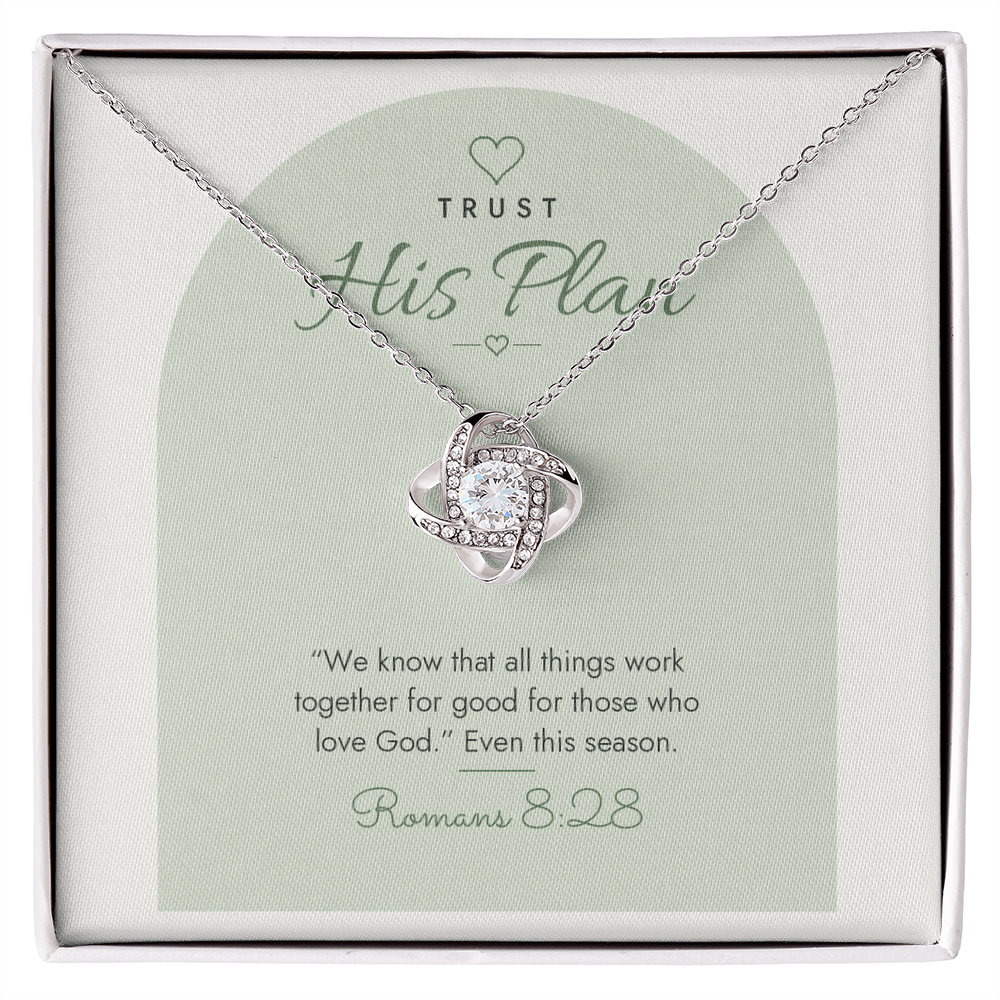 14K white gold finish Christian Love Knot necklace on "Trust His Plan" Romans 8:28 modern message card in two-tone standard gift box