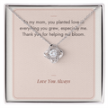 Love Knot necklace for Mom in white gold finish on Helping Me Bloom message card