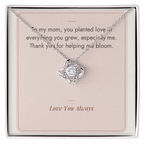 Love Knot necklace for Mom in white gold finish on Helping Me Bloom message card