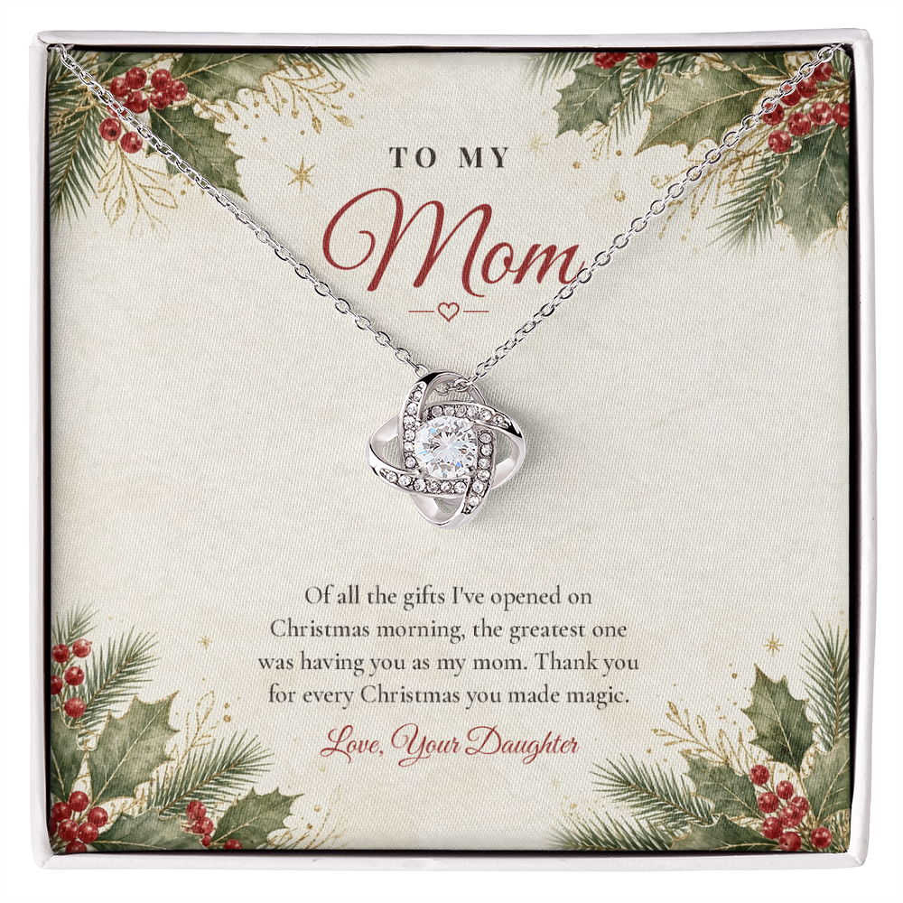 Love Knot necklace for Mom from Daughter laid on classic "The Greatest Gift" message card