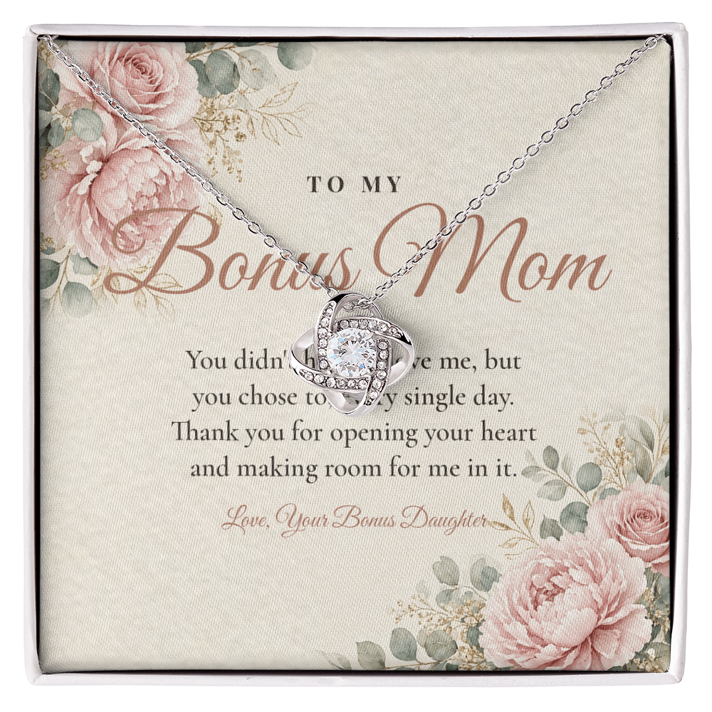 Silver Love Knot necklace for bonus mom displayed on To My Bonus Mom message card