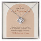 First Communion Love Knot Necklace – Modern Card