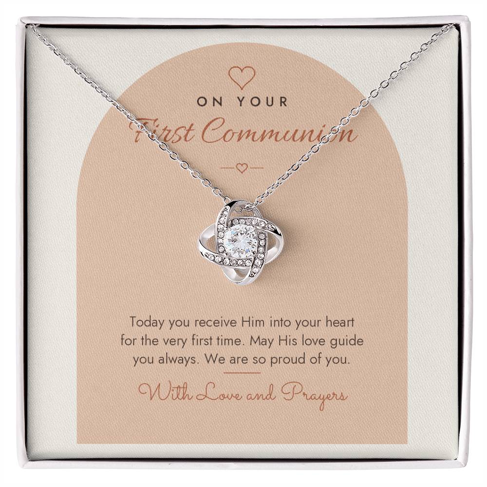 First Communion Love Knot Necklace – Modern Card