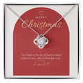 14K white gold finish Christian Christmas Love Knot necklace on "Merry Christmas" Luke 2:11 modern message card in two-tone standard gift box