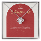 14K white gold finish Christian Christmas Love Knot necklace on "Merry Christmas" Luke 2:11 modern message card in two-tone standard gift box