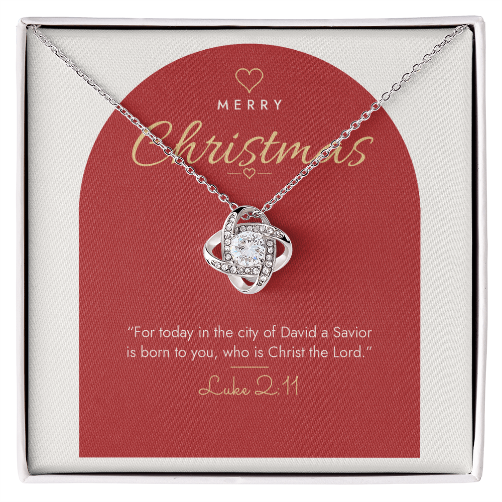 14K white gold finish Christian Christmas Love Knot necklace on "Merry Christmas" Luke 2:11 modern message card in two-tone standard gift box