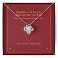 Christmas Love Knot necklace for daughter from Dad in white gold finish on Under Our Tree message card