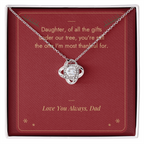 Christmas Love Knot necklace for daughter from Dad in white gold finish on Under Our Tree message card
