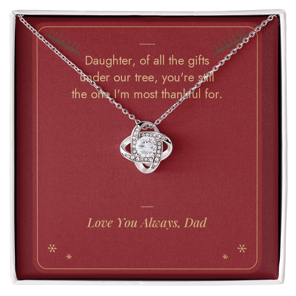 Christmas Love Knot necklace for daughter from Dad in white gold finish on Under Our Tree message card