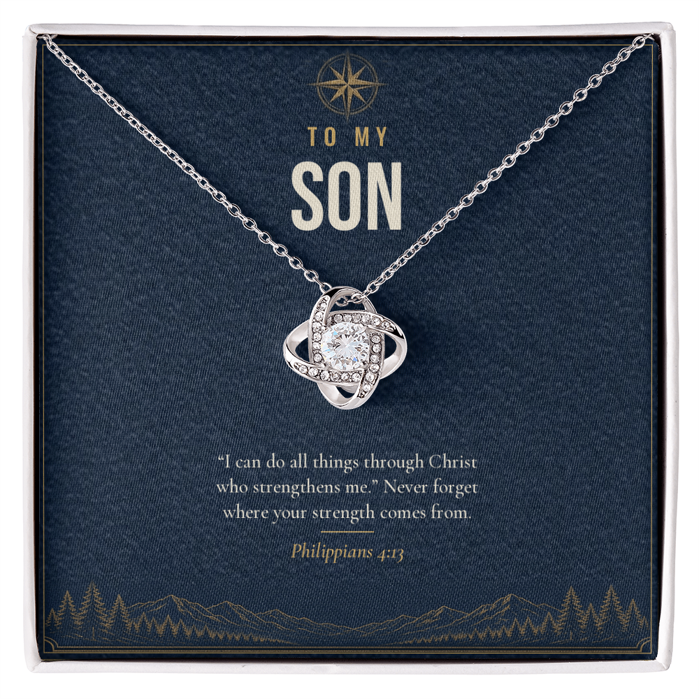 14K white gold finish Christian Love Knot necklace for Son on "To My Son" message card (Philippians 4:13) in standard gift box