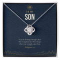 14K white gold finish Christian Love Knot necklace for Son on "To My Son" message card (Philippians 4:13) in standard gift box
