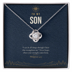 14K white gold finish Christian Love Knot necklace for Son on "To My Son" message card (Philippians 4:13) in standard gift box