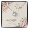 Christian Love Knot necklace for Wife laid on "To My Wife" 1 Corinthians 13:4-7 message card