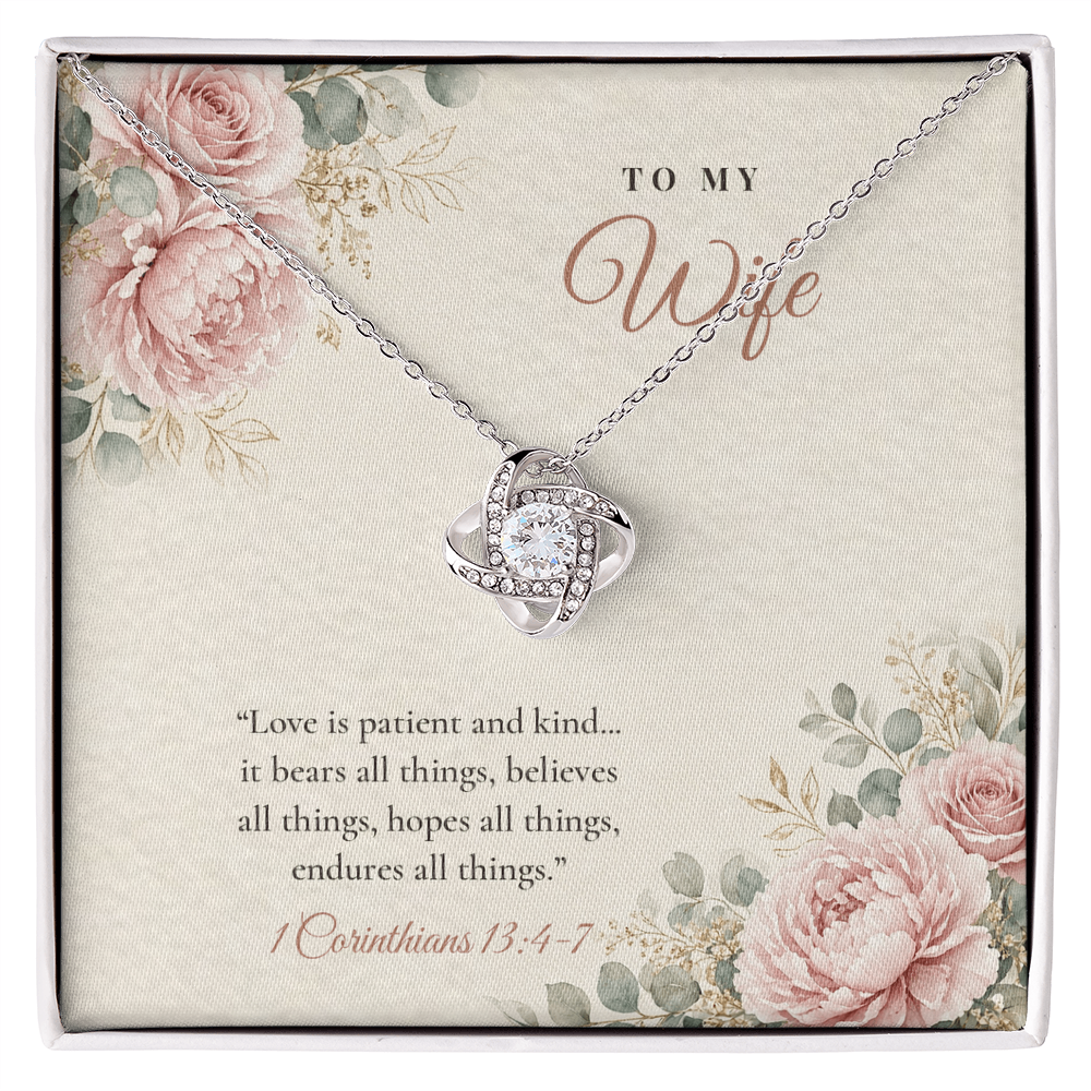Christian Love Knot necklace for Wife laid on "To My Wife" 1 Corinthians 13:4-7 message card