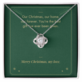 Christmas Love Knot necklace for wife in white gold finish on Our Forever message card