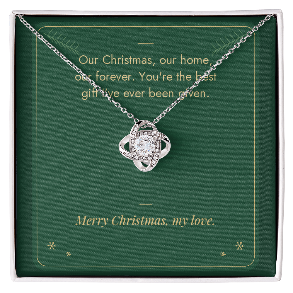 Christmas Love Knot necklace for wife in white gold finish on Our Forever message card