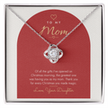 Love Knot necklace for Mom from Daughter laid on modern "The Greatest Gift" message card
