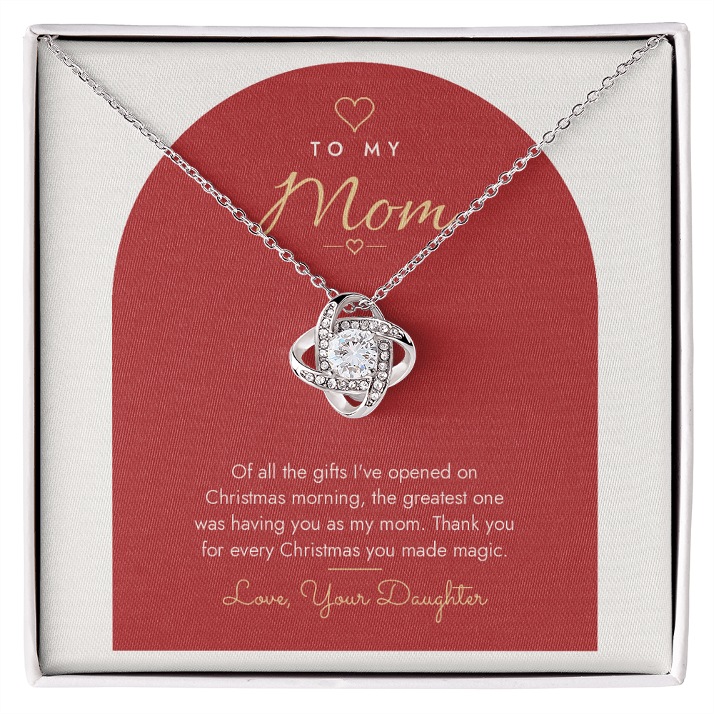 Love Knot necklace for Mom from Daughter laid on modern "The Greatest Gift" message card