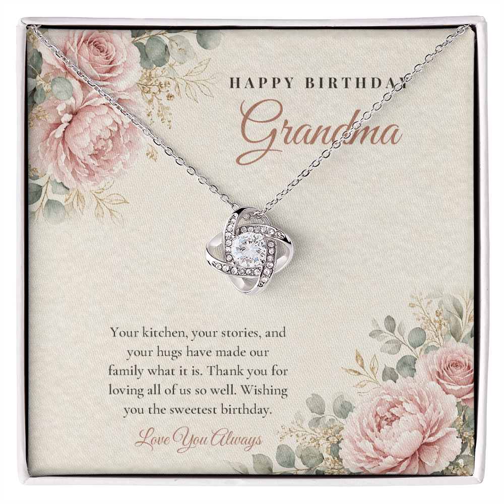 14K white gold finish Birthday Love Knot necklace for Grandma on "Happy Birthday Grandma" message card in standard gift box