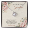 14K white gold finish Birthday Love Knot necklace for Grandma on "Happy Birthday Grandma" message card in standard gift box