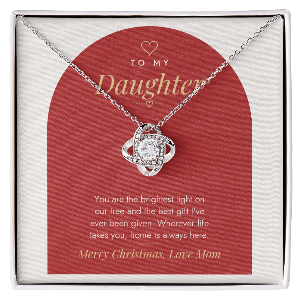Love Knot necklace for Daughter laid on modern "The Brightest Light on Our Tree" message card