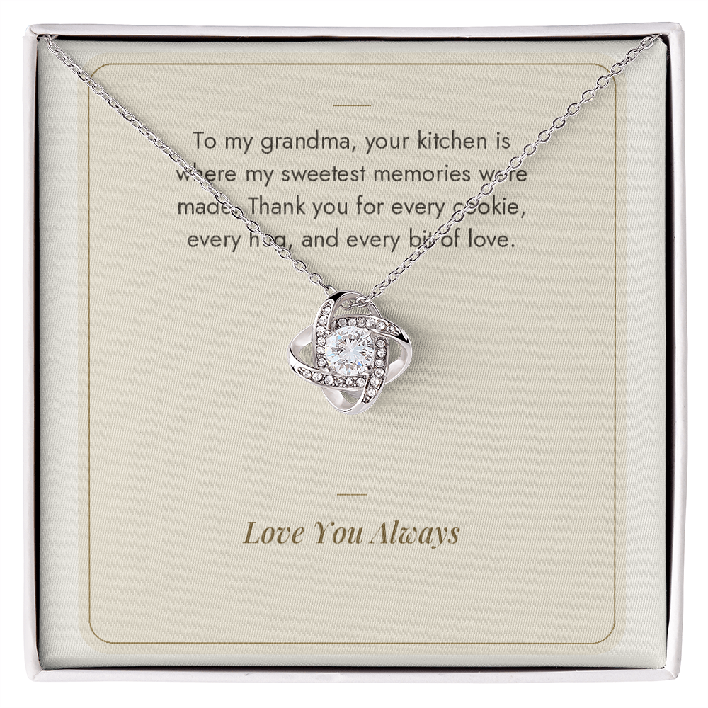 Love Knot necklace for Grandma in white gold finish on Sweetest Memories message card