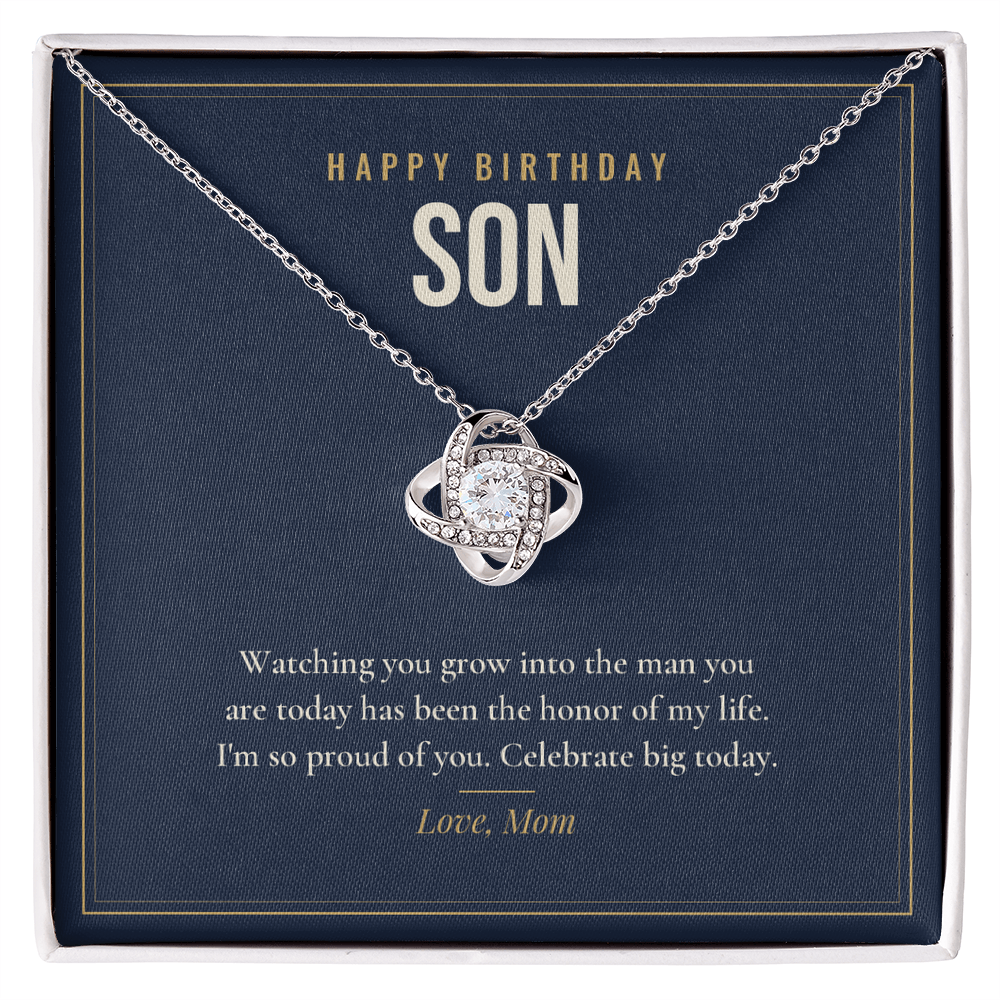 14K white gold finish Birthday Love Knot necklace for Son on "Happy Birthday Son" message card in standard gift box